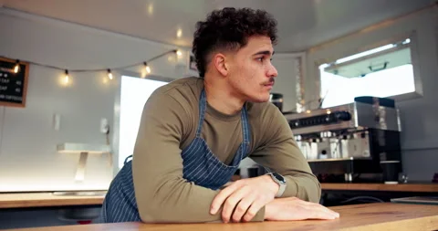 Coffee vendor, bored or waiter with thinking for startup fail, sales stress or Vídeo Stock 312736464