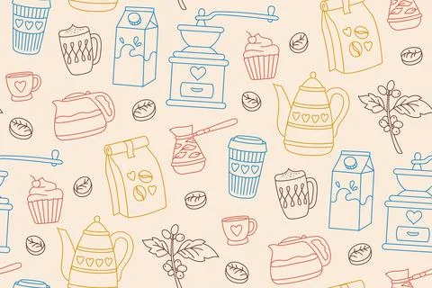 Coffee vintage seamless pattern cup drink beans breakfast boundless ornament Stock Illustration