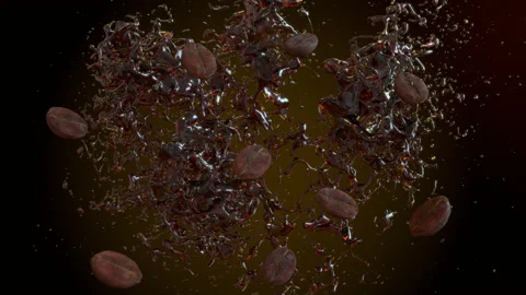 Coffee water with coffee beans explodes slowly Stock Footage 152933378