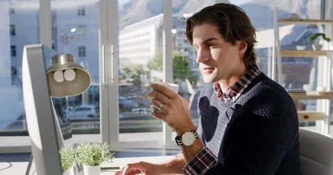Coffee, web design or man on computer for reading research, creative website or Foto stock