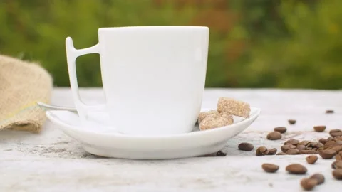 Coffee in white cup in the garden Stock Footage 141602004