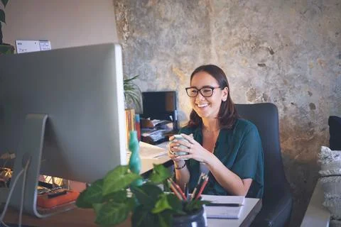 Coffee, woman and computer with reading in home office for story review, Stock Photos
