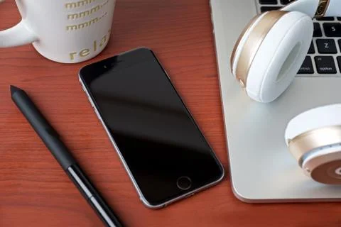 Coffee work table with mobile devices top view Stock Photos