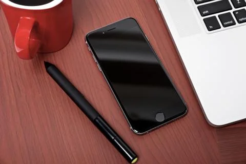 Coffee work table with mobile devices top view Stock Photos