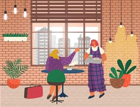 Coffeehouse Interior, Client and Waitress Vector Illustrazione stock