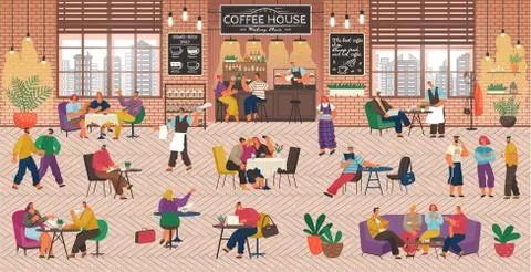 Coffeehouse Interior Customers Drinking Coffee Stock Illustration