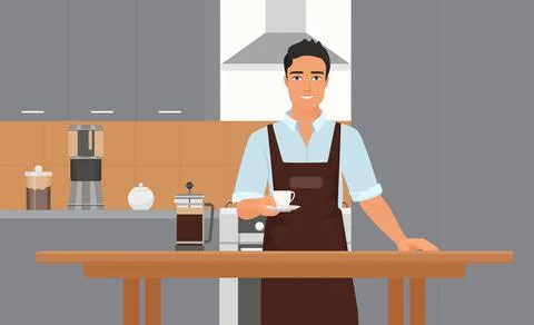 Coffeehouse kitchen interior with smiling young barista in apron holding cup of Stock Illustration