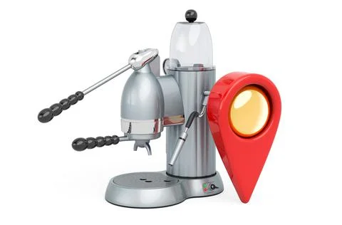 Coffeemaker with map pointer. 3D rendering Illustrazione stock