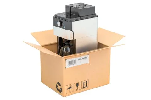 Coffeemaker or coffee machine inside cardboard box, delivery concept. 3D rend Illustrazione stock