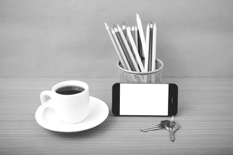 Coffee,phone,key and pencil Stock Photos