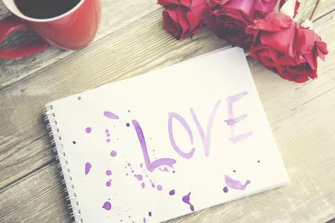 Coffee,roses and notebook Foto stock