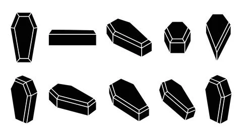 Coffin and casket isometric view collection in black silhouette style Stock Illustration