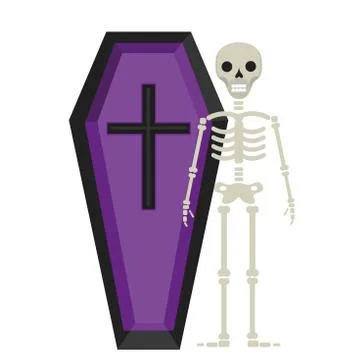 Coffin and skeleton icon is a flat style. Isolated on white background. Vector Stock Illustration