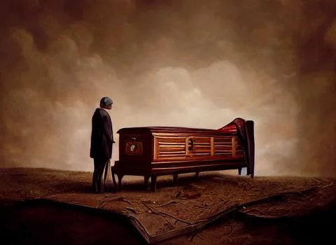 Coffin with the deceased and grieving relatives. Death, widowhood, and Stock Illustration