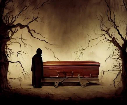 Coffin with the deceased and grieving relatives. Death, widowhood, and Stock Illustration