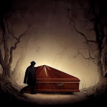 Coffin with the deceased and grieving relatives. Death, widowhood, and Stock Illustration
