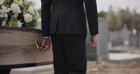 Coffin, hands and man walking at funeral ceremony outdoor with pallbearers at Stock Footage 248827616