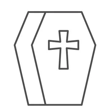 Coffin thin line icon. Cemetery box with a cross sign. Halloween party vector Stock Illustration