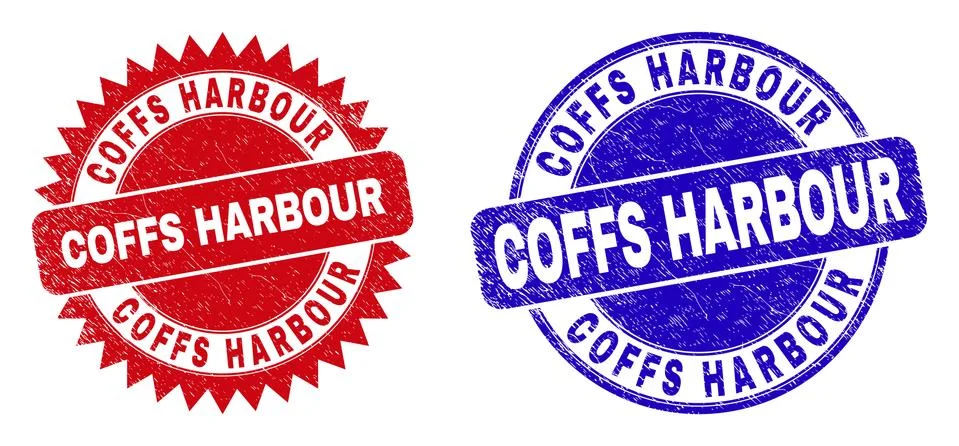 COFFS HARBOUR Rounded and Rosette Seals with Scratched Style Stock Illustration
