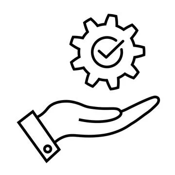 Cog with check mark on hand line icon Ok process Stock Illustration