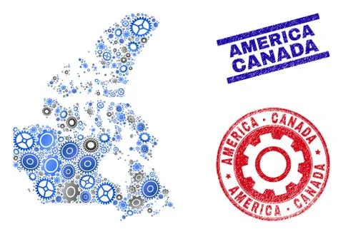 Cog Collage Vector Canada V2 Map and Grunge Stamps Illustrazione stock