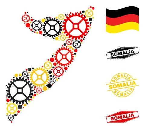 Cog Composition Somalia Map in German Flag Colors and Grunge Seals Stock Illustration