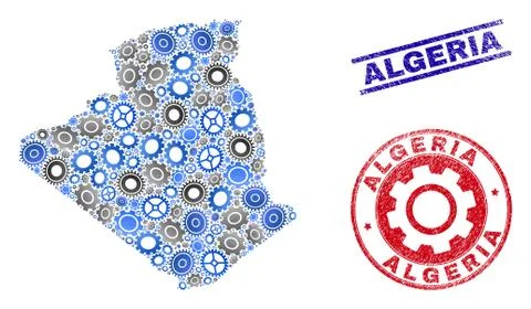 Cog Composition Vector Algeria Map and Grunge Stamps Ilustración de archivo