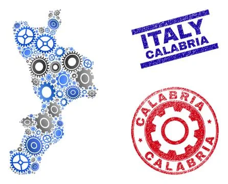Cog Composition Vector Calabria Region Map and Grunge Stamps Ilustración de archivo
