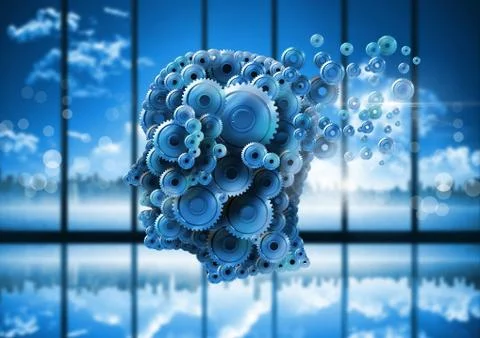 Cog head with blue windows background Ilustración de archivo