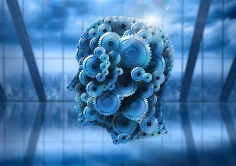 Cog head with blue windows background Ilustración de archivo