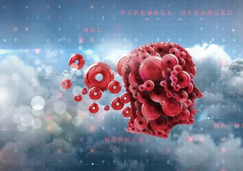 Cog head with clouds and malware firewall text 스톡 일러스트