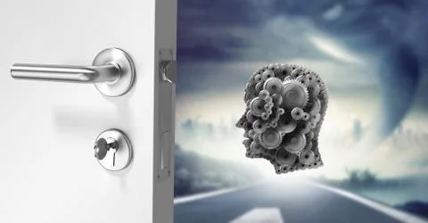 Cog head floating behind door on stormy road Illustration