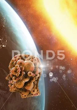 Cog head in golden universe near sun Stock Illustration