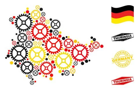 Cog Mosaic Thuringia Land Map in German Flag Colors and Grunge Stamps Illustrazione stock