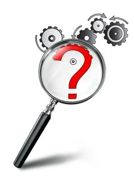 Cog wheel concept with red question mark and magnifying glass Stock Illustration