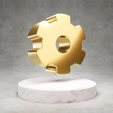 Cog Wheel icon. Shiny golden Cog Wheel symbol on white marble podium. Stock Illustration