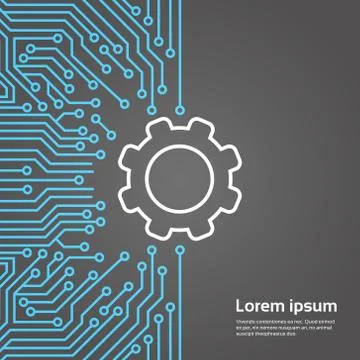 Cog Wheel Over Computer Chip Moterboard Background Network Data Center System Illustrazione stock