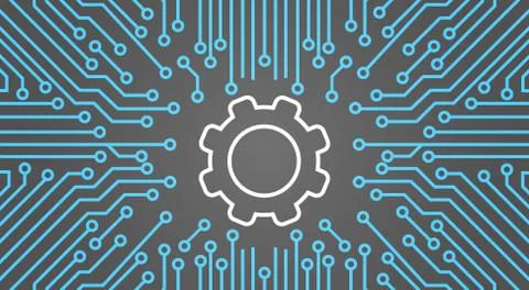 Cog Wheel Over Computer Chip Moterboard Background Network Data Center System Stock Illustration