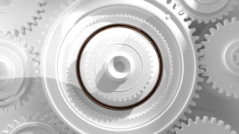 Cog wheel white gears in a machine rotating. Gears working in the machinery Stock Footage 272589670