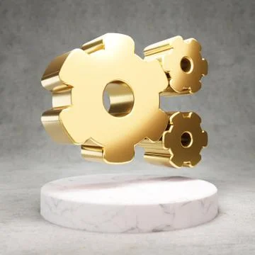 Cog Wheels icon. Shiny golden Cog Wheels symbol on white marble podium. Stock Illustration
