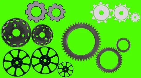 Cog wheels Spin and Rotate on a Green Screen Background Stock Footage 14852479