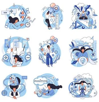 Cognition. Individuals are in different scenes showing inspiration, goal-sett Illustrazione stock