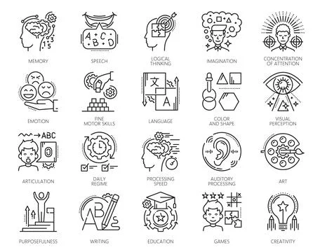 Cognitive ability, kids memory and attention icons Stock Illustration