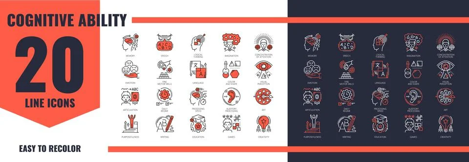 Cognitive ability, memory therapy icons set Stock Illustration