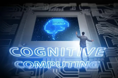 Cognitive computing concept as future technology with businessma Stock Photos
