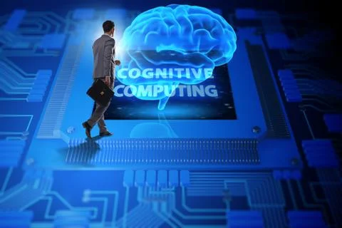 Cognitive computing concept as future technology with businessma Stock Photos