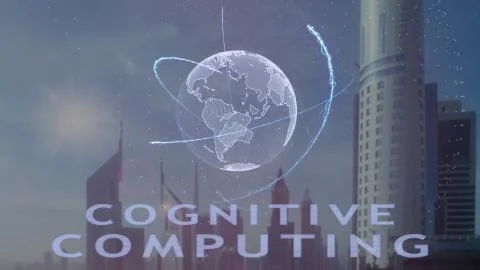 Cognitive computing text with 3d hologram of the planet Earth against the Stockfoto's