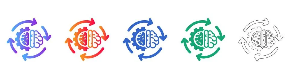 Cognitive Process Automation: Brain with Gear and Cyclic Arrows Icons Stock Illustration