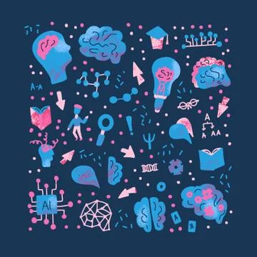 Cognitive science banner. Set of vector elements in doodle style. Poster temp Stock Illustration