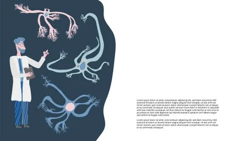 Cognitive science banners templates. Neuron cells with long axons and scienti Stock Illustration